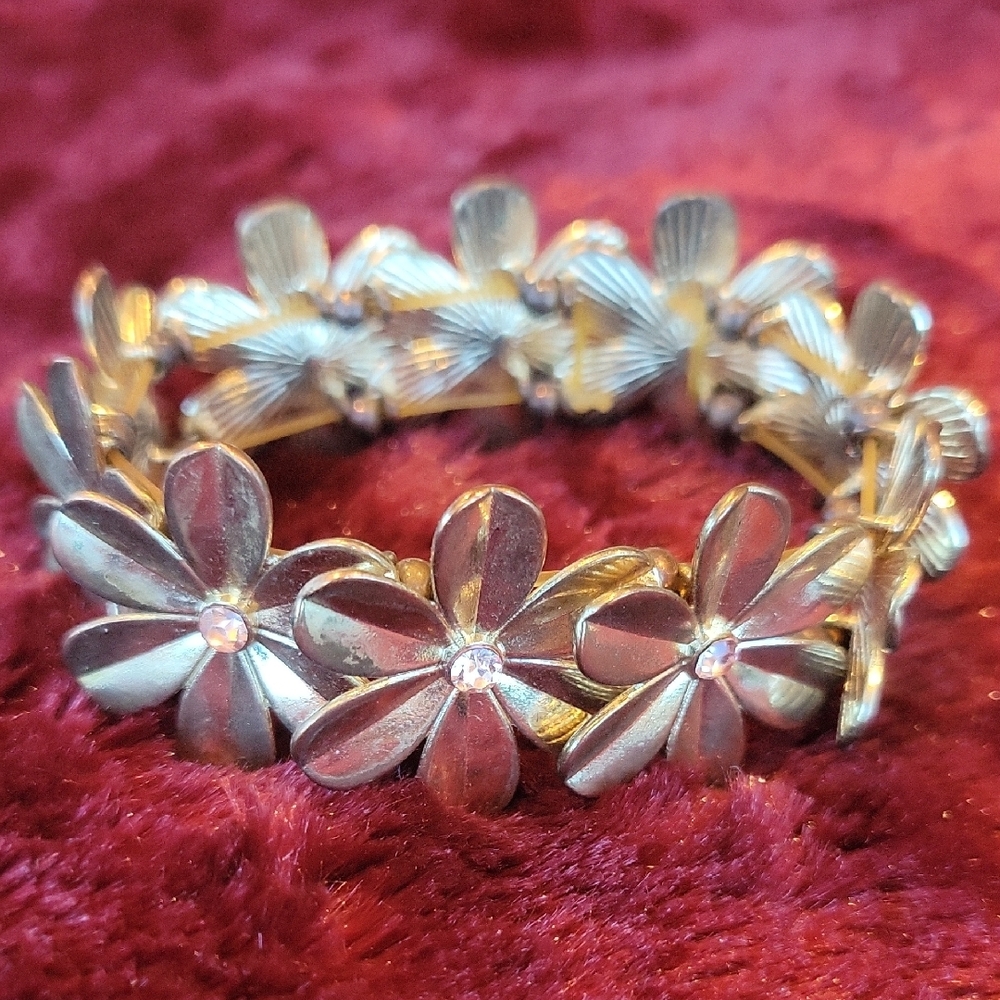 Gold-tone Floral Elasticized Bracelet w/ Rhinestones